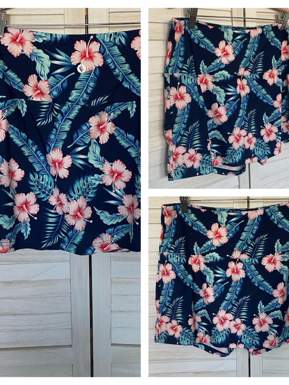 Santiny Navy Tropical Floral Skort with Pink Hibiscus SZ XL Beach Hawaiian